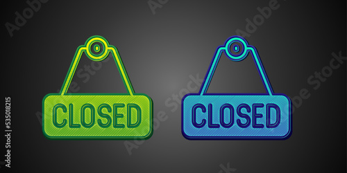 Green and blue Hanging sign with text Closed icon isolated on black background. Business theme for cafe or restaurant. Vector