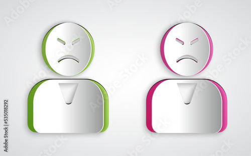Paper cut Angry customer icon isolated on grey background. Paper art style. Vector