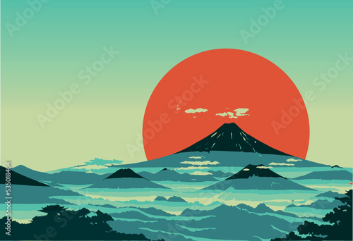 Japan mount fuji vector illustration. Digital landscape. Landmark of japan. Sakura  cherry trees. Beautiful nature travel destination. Vector background. Illustration of a mountain. Minimal flat view.