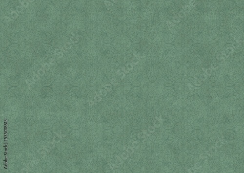 Hand-drawn unique abstract symmetrical seamless ornament. Dark semi transparent green on a light cold green background color. Paper texture. A4. (pattern: p07-1c)