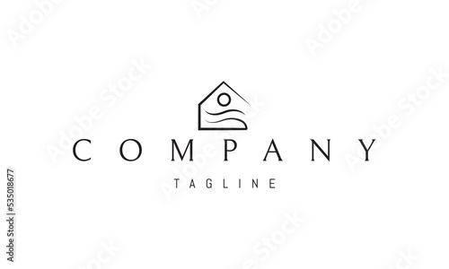 Vector logo on which an abstract image of a house inside which waves and the sun.