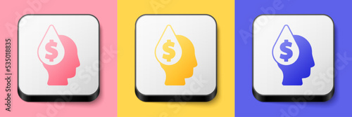 Isometric Oil drop with dollar symbol icon isolated on pink, yellow and blue background. Oil price. Oil and petroleum industry. Square button. Vector