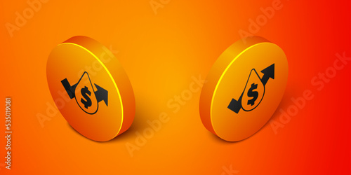Isometric Oil price increase icon isolated on orange background. Oil industry crisis concept. Orange circle button. Vector