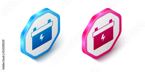 Isometric Car battery icon isolated on white background. Accumulator battery energy power and electricity accumulator battery. Hexagon button. Vector