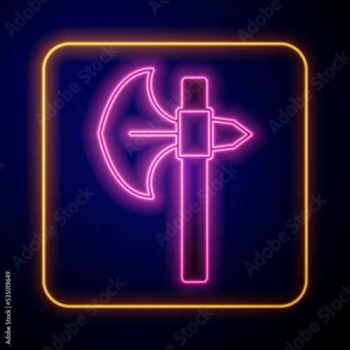 Glowing neon Medieval axe icon isolated on black background. Battle axe, executioner axe. Medieval weapon. Vector