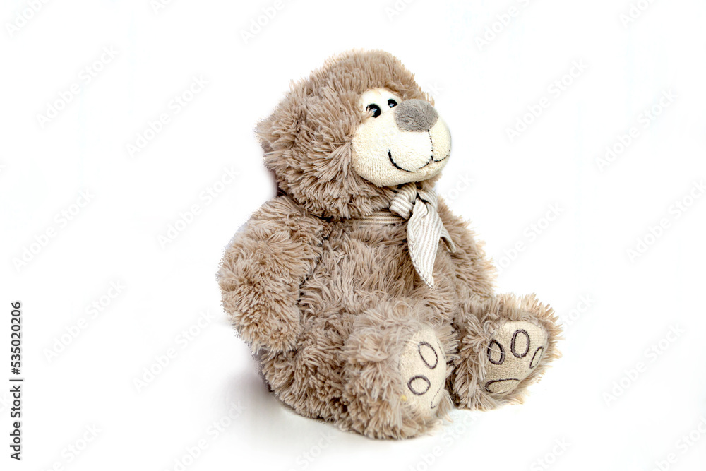 Lovely brown bear doll isolated on white background. Adorable teddy bear for decorative. High quality photo Lovely brown bear doll isolated on white background. Adorable teddy bear for decorative. High quality photo