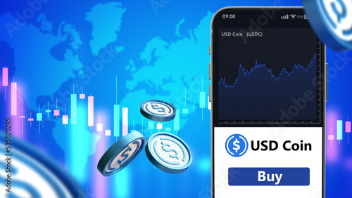 USD coin Trading. Cryptocurrency exchange in phone. Buying USDC to via smartphone. Investment in USD coin. Mobile phone on background of world map. USDC money. Application for buying USDC. 3d image photo