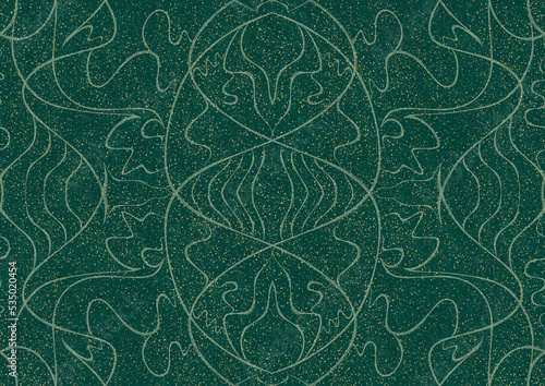 Hand-drawn unique abstract seamless ornament. Light green on a darker cold green background, with splatters of golden glitter. Paper texture. Digital artwork, A4. (pattern: p02-1a)