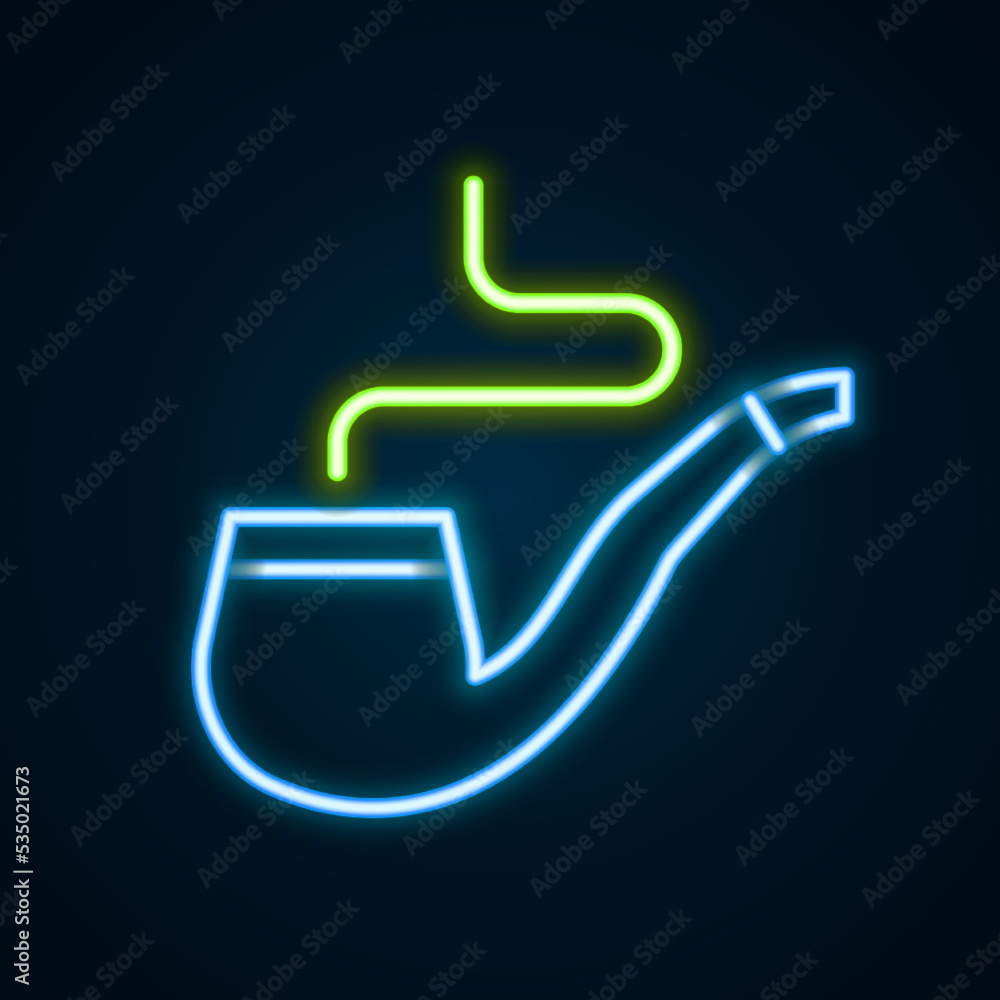 Glowing neon line Smoking pipe with smoke icon isolated on black background. Tobacco pipe. Colorful outline concept. Vector Glowing neon line Smoking pipe with smoke icon isolated on black background. Tobacco pipe. Colorful outline concept. Vector