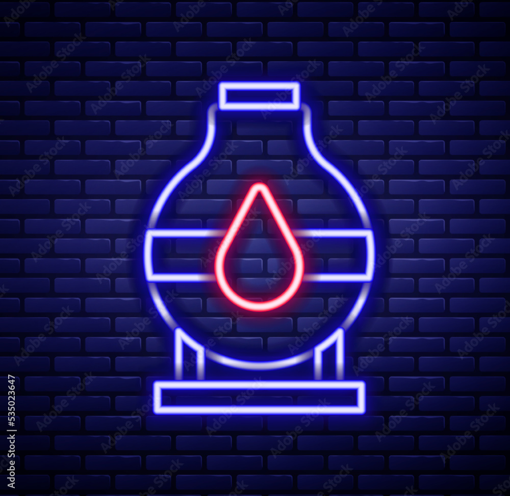 Glowing neon line Oil tank storage icon isolated on brick wall background. Vessel tank for oil and gas industrial. Oil tank technology station. Colorful outline concept. Vector Glowing neon line Oil tank storage icon isolated on brick wall background. Vessel tank for oil and gas industrial. Oil tank technology station. Colorful outline concept. Vector