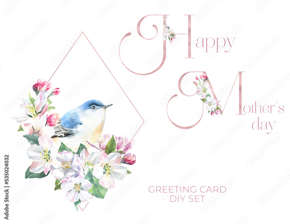 Watercolor Happy Mother's day spring bird frame illustration, diy set, create greeting card, Botanical, spring flowers,cherry blossom, print,ptintable, flyer,poster, frame. Gift for woman grandmother. Watercolor Happy Mother's day spring bird frame illustration, diy set, create greeting card, Botanical, spring flowers,cherry blossom, print,ptintable, flyer,poster, frame. Gift for woman grandmother.