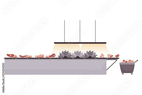 Meat factory processing plant. Flat composition with factory kitchen equipment. Food industry concept elements. Industrial equipment to produce food for sale
