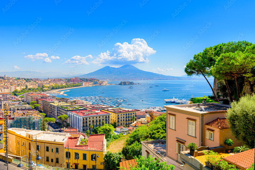 Fototapeta premium Naples, Italy. View of the Gulf of Naples from the Posillipo hill with Mount Vesuvius far in the background and some pine trees in foreground. August 31, 2021.
