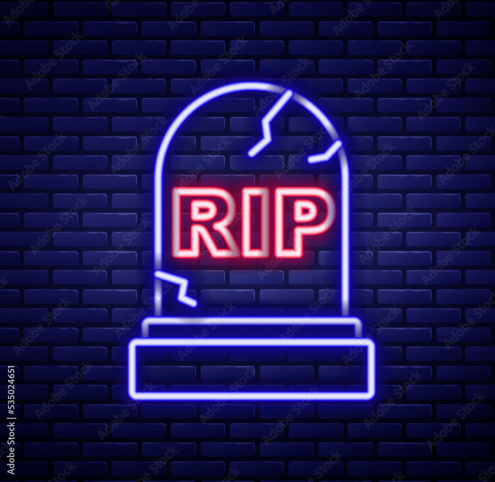 Glowing neon line Tombstone with RIP written on it icon isolated on brick wall background. Grave icon. Happy Halloween party. Colorful outline concept. Vector Glowing neon line Tombstone with RIP written on it icon isolated on brick wall background. Grave icon. Happy Halloween party. Colorful outline concept. Vector