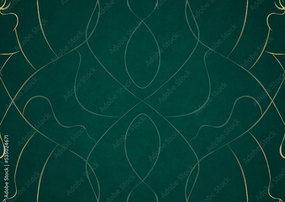 Hand-drawn unique abstract ornament. Light green on a dark cold green background, with vignette in golden glitter. Paper texture. Digital artwork, A4. (pattern: p08-1a)