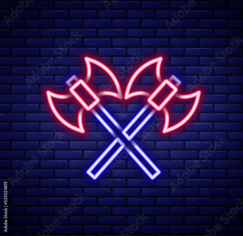 Glowing neon line Crossed medieval axes icon isolated on brick wall background. Battle axe, executioner axe. Medieval weapon. Colorful outline concept. Vector