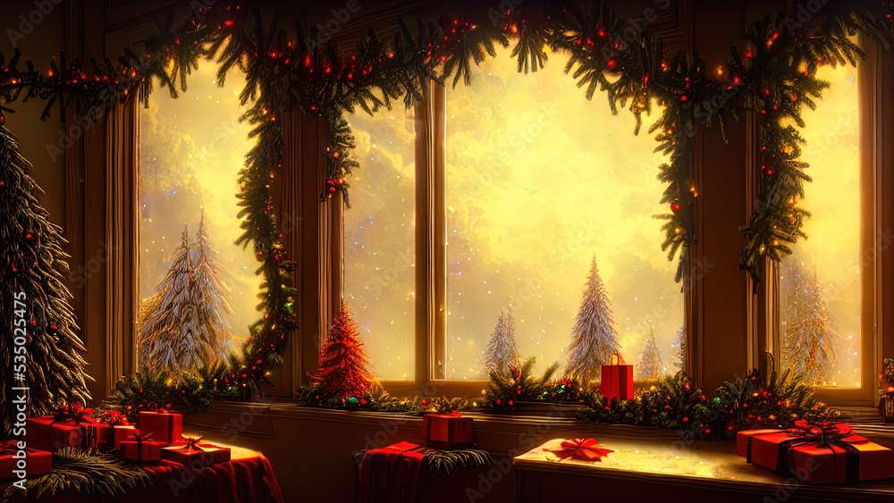 Obraz premium Christmas decorations on a winter holiday window. Frozen evening window, garlands, lanterns, Christmas tree. Holiday and fun atmosphere. Dark festive interior. 3D illustration.
