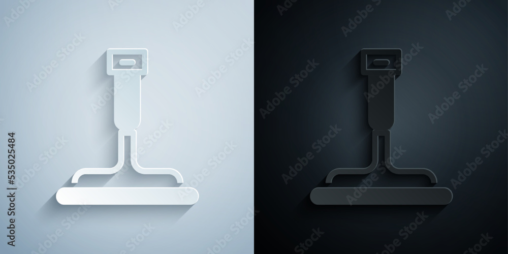 Paper cut Cleaning service with of rubber cleaner for windows icon isolated on grey and black background. Squeegee, scraper, wiper. Paper art style. Vector Paper cut Cleaning service with of rubber cleaner for windows icon isolated on grey and black background. Squeegee, scraper, wiper. Paper art style. Vector