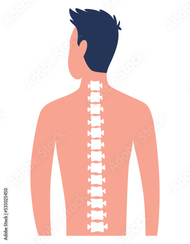 Osteopathy spine pain treatment. Patient male standing back view, spine scheme flat vector illustration. Disease diagnosis. Bone health