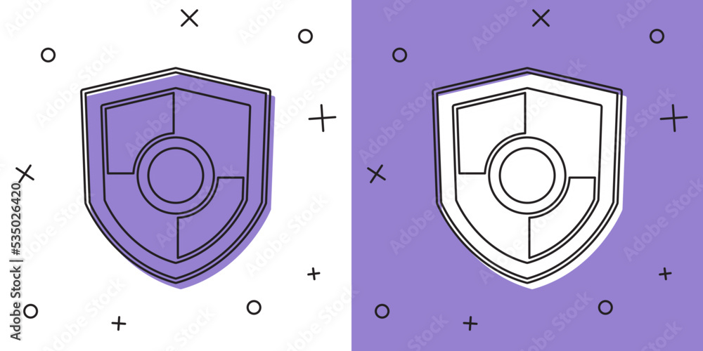 Set Shield icon isolated on white and purple background. Guard sign. Security, safety, protection, privacy concept. Vector Set Shield icon isolated on white and purple background. Guard sign. Security, safety, protection, privacy concept. Vector