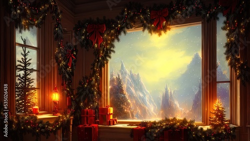 Christmas decorations on a winter holiday window. Frozen evening window, garlands, lanterns, Christmas tree. Holiday and fun atmosphere. Dark festive interior. 3D illustration.