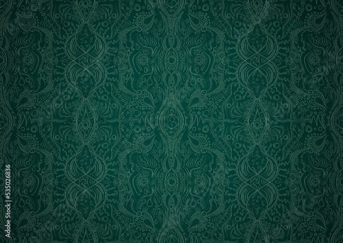 Hand-drawn unique abstract symmetrical seamless ornament. Bright green on a deep cold green with vignette of a darker background color. Paper texture. Digital artwork, A4. (pattern: p09b)
