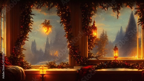 Christmas decorations on a winter holiday window. Frozen evening window, garlands, lanterns, Christmas tree. Holiday and fun atmosphere. Dark festive interior. 3D illustration.
