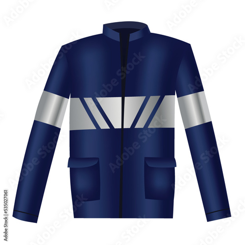 Workwear uniform element. Blue jacket with long sleeves, pocket and reflective band as uniform. Protective clothing or safety equipment. Construction workers clothing, uniform mockup