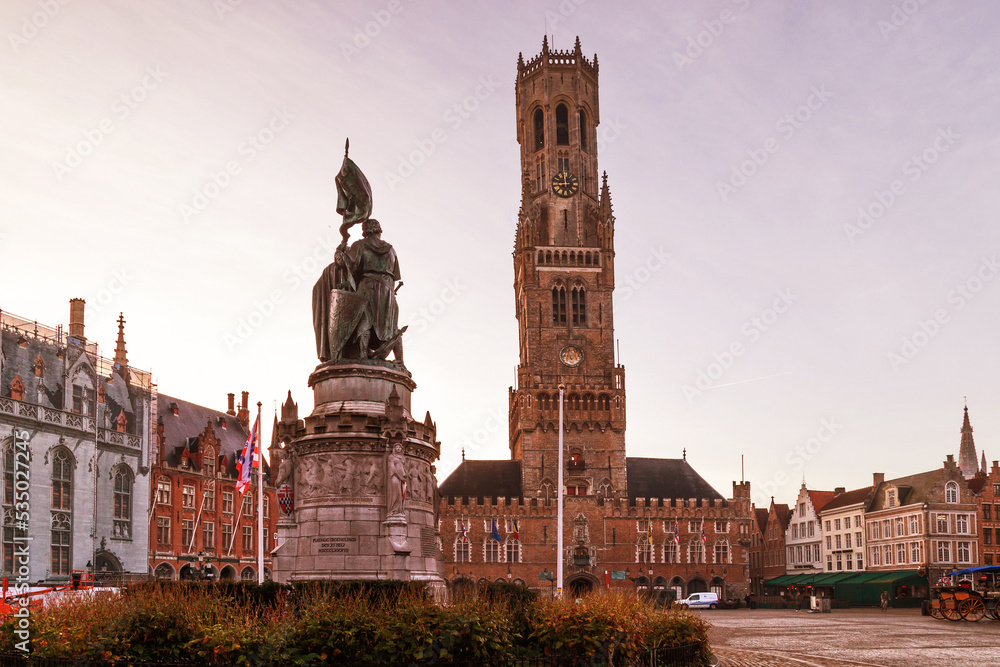 The Belfry of Bruges, a medieval bell tower in the centre of Bruges, Belgium on the Market square