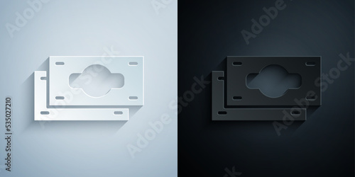 Paper cut Stacks paper money cash icon isolated on grey and black background. Money banknotes stacks. Bill currency. Paper art style. Vector