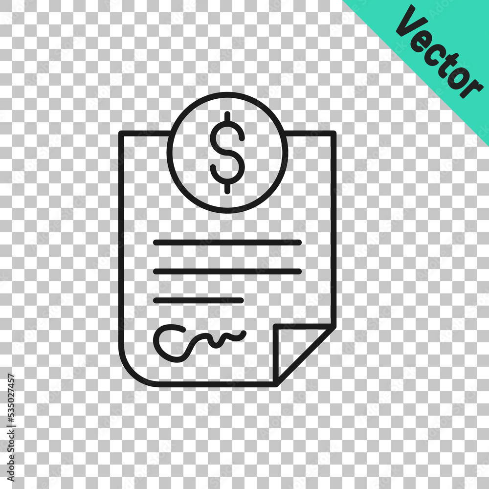 Black line Contract money icon isolated on transparent background. Banking document dollar file finance money page. Vector Black line Contract money icon isolated on transparent background. Banking document dollar file finance money page. Vector