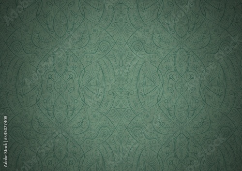 Hand-drawn unique abstract symmetrical seamless ornament. Dark semi transparent green on a light cold green with vignette of a darker background color. Paper texture. A4. (pattern: p08-2b)
