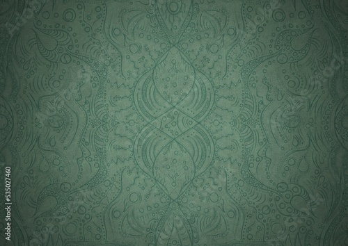 Hand-drawn unique abstract symmetrical seamless ornament. Dark semi transparent green on a light cold green with vignette of a darker background color. Paper texture. A4. (pattern: p09a)
