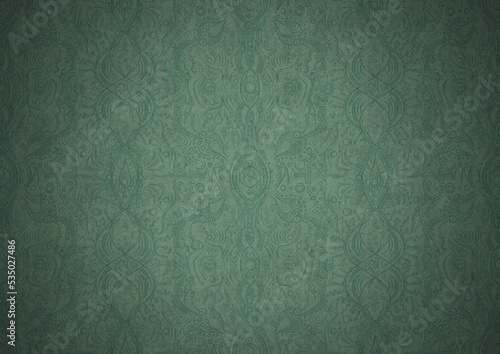 Hand-drawn unique abstract symmetrical seamless ornament. Dark semi transparent green on a light cold green with vignette of a darker background color. Paper texture. A4. (pattern: p09b)