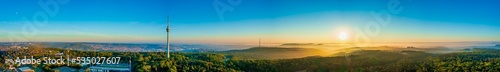 Stuttgart Panorama, Sunrise of the Stuttgart skyline, aerial photo view with tv tower, town architecture, foggy travel photo banner in Germany