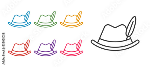 Set line Oktoberfest hat icon isolated on white background. Hunter hat with feather. German hat. Set icons colorful. Vector