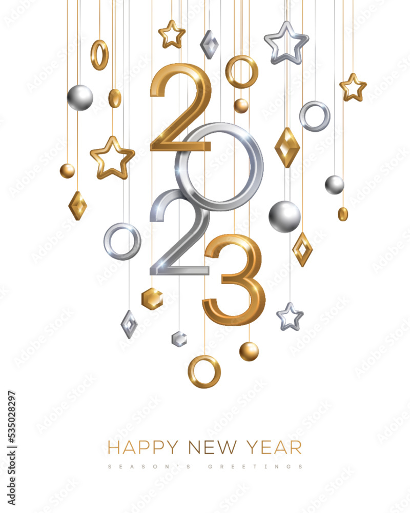 Christmas New Year poster template, hanging gold and silver 3d baubles, 2023 numbers on white background. Vector illustration. Winter holiday elegant decor, brochure voucher layout, place for text Christmas New Year poster template, hanging gold and silver 3d baubles, 2023 numbers on white background. Vector illustration. Winter holiday elegant decor, brochure voucher layout, place for text