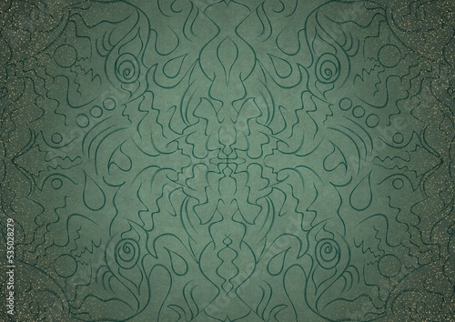 Wallpaper Mural Hand-drawn unique ornament. Dark green on light cold green background, with vignette of darker background color and splatters of golden glitter. Paper texture. Digital artwork, A4. (pattern: p07-1a) Torontodigital.ca