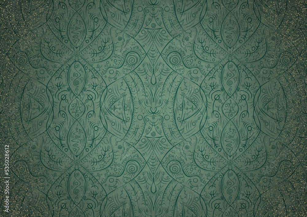 Hand-drawn unique ornament. Dark green on light cold green background, with vignette of darker background color and splatters of golden glitter. Paper texture. Digital artwork, A4. (pattern: p08-2b) Hand-drawn unique ornament. Dark green on light cold green background, with vignette of darker background color and splatters of golden glitter. Paper texture. Digital artwork, A4. (pattern: p08-2b)