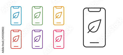 Set line Smartphone, mobile phone with leaf icon isolated on white background. Set icons colorful. Vector