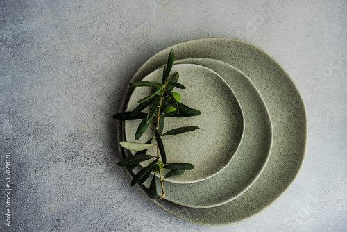 Overhead view of an olive branch on a stack of rustic ceramic plates photo