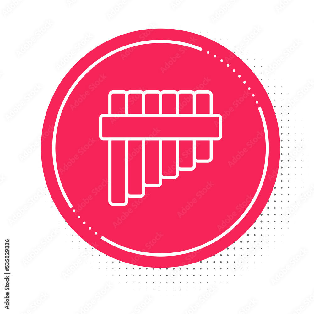 White line Pan flute icon isolated on white background. Traditional peruvian musical instrument. Folk instrument from Peru, Bolivia and Mexico. Red circle button. Vector White line Pan flute icon isolated on white background. Traditional peruvian musical instrument. Folk instrument from Peru, Bolivia and Mexico. Red circle button. Vector