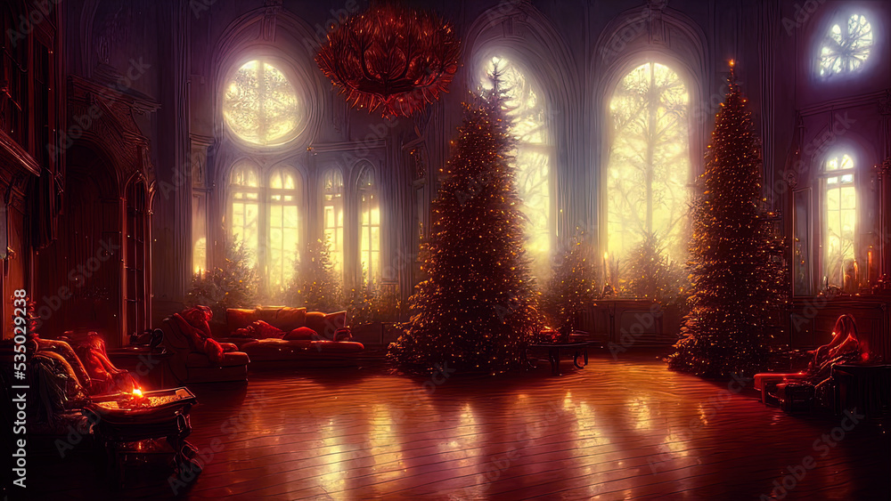 Christmas decorations on a winter holiday window. Frozen evening window, garlands, lanterns, Christmas tree. Holiday and fun atmosphere. Dark festive interior. 3D illustration. Christmas decorations on a winter holiday window. Frozen evening window, garlands, lanterns, Christmas tree. Holiday and fun atmosphere. Dark festive interior. 3D illustration.