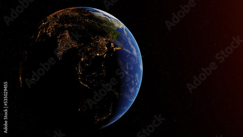 Fototapeta Naklejka Na Ścianę i Meble -  Day and night on Earth planet viewed from space showing the lights of Asia. 3D rendering. Elements of this image furnished by NASA.