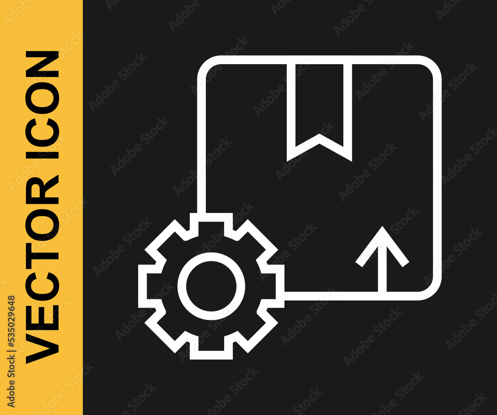 White line Gear wheel with package box icon isolated on black background. Box, package, parcel sign. Delivery and packaging. Vector White line Gear wheel with package box icon isolated on black background. Box, package, parcel sign. Delivery and packaging. Vector