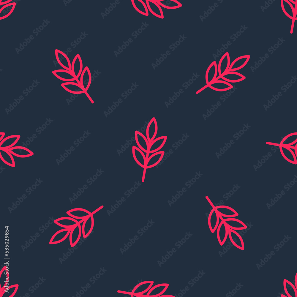 Red line Leaf icon isolated seamless pattern on black background. Leaves sign. Fresh natural product symbol. Vector