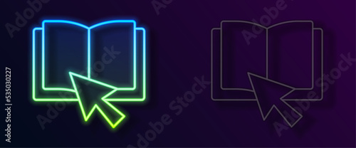 Glowing neon line Online book icon isolated on black background. Internet education concept, e-learning resources, distant online courses. Vector