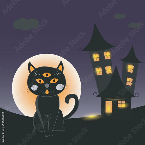 Cute black cat on full moon background.