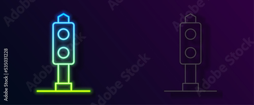 Glowing neon line Train traffic light icon isolated on black background. Traffic lights for the railway to regulate the movement of trains. Vector