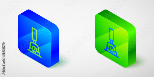 Isometric line Arrow for switching the railway icon isolated on grey background. Old railway tracks. Blue and green square button. Vector